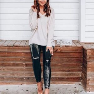 SPANX Faux Leather Sequin Black High Waisted Leggings Size Xsmall